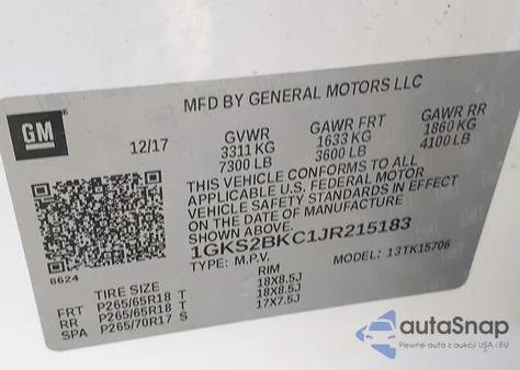 2018 GMC Yukon Slt from USA, damaged, VIN 1GKS2BKC1JR215183